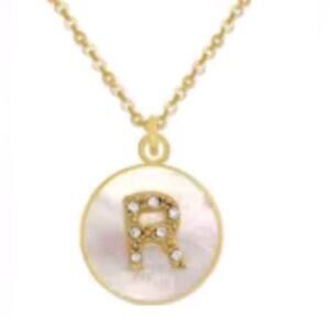 NEW Pixie Posey 18kt gold plate MOP disc & crystal initial "R” PENDANT NECKLACE